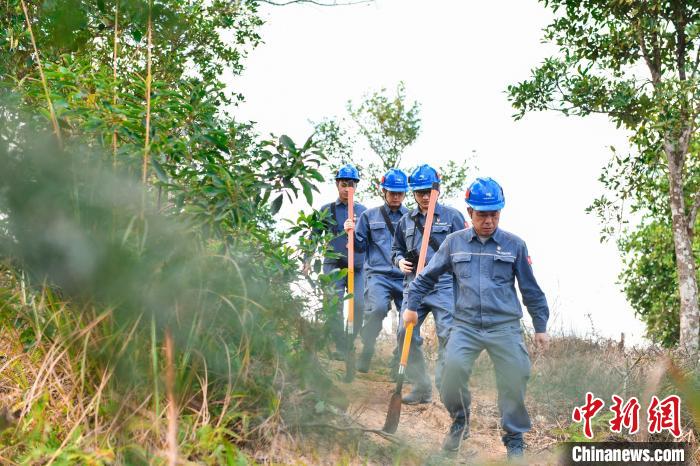 圖為“國旗巡線班”沿著邊境線開展輸電線路巡視工作。　岳浩 　攝